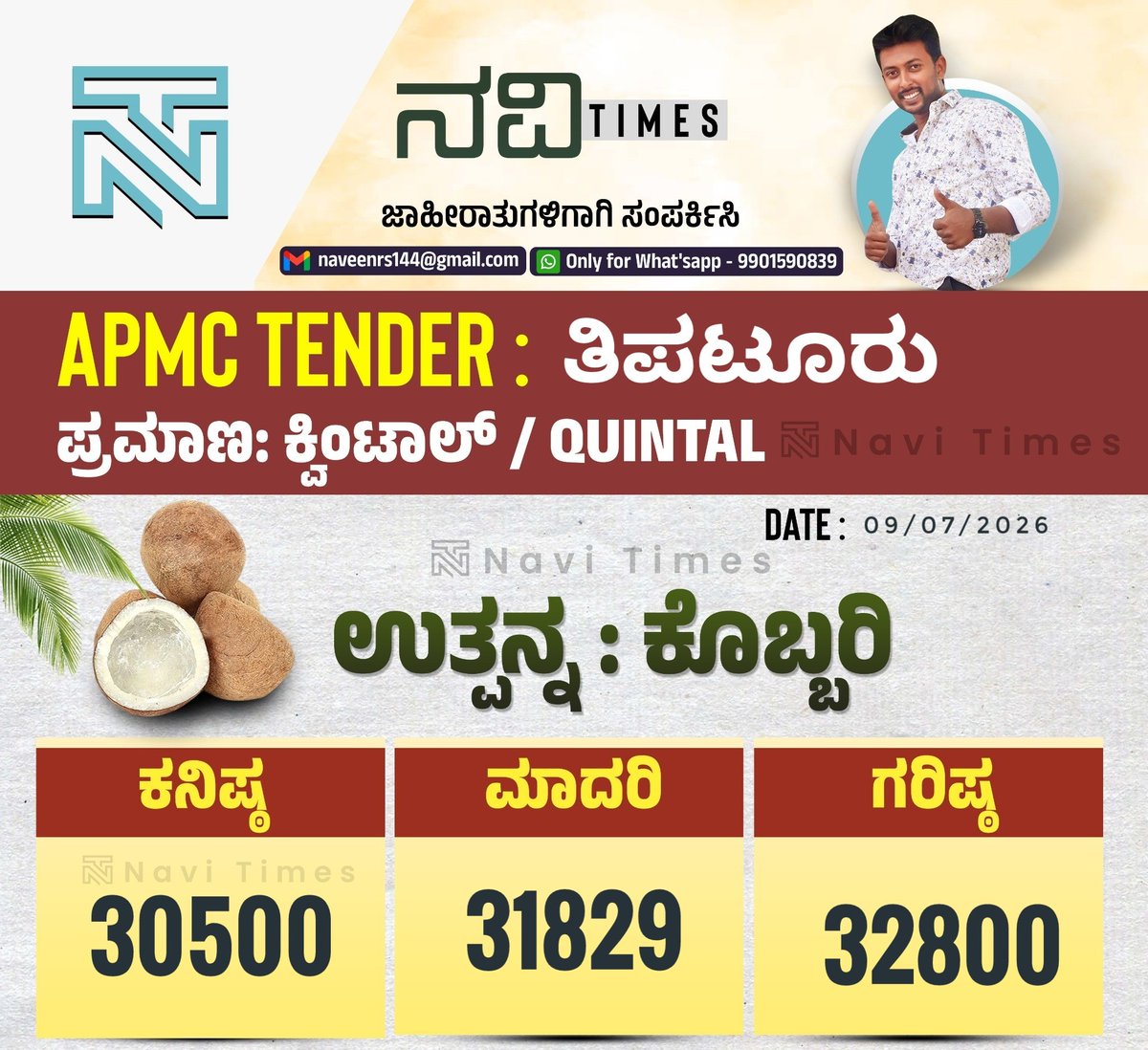 NAVITIMES444172's tweet photo. ಈ ದಿನ ಪಟ್ಟಿ: 32345
Apmc tender 🌴
naveenrs144@gmail.com
Contact for digital marketing & promotion & advertisement,
9901590839 only watsapp
ಜಾಹೀರಾತುಗಳಿಗಾಗಿ ಸಂಪರ್ಕ ಮಾಡಿ, 🥰🤝💐
Highlight #copra #kobbri #arsikere #tiptur #apmc https://t.co/HuBD8DEe4N