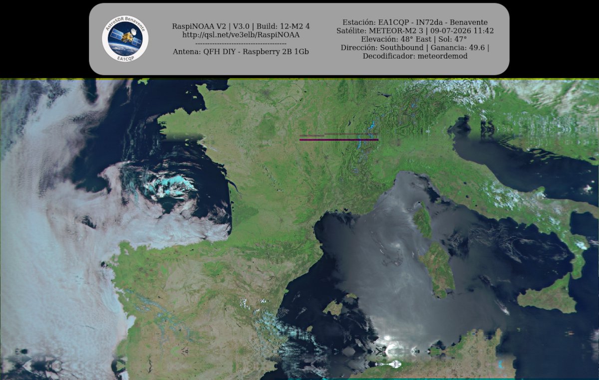 monforra's tweet photo. Ground Station: EA1CQP - IN72da - Benavente METEOR-M2 3 09-07-2026 11:26 CEST  Max Elev: 48° E Sun Elevation: 47° Gain: 49.6 | Southbound

#NOAA #MeteorM2_3 #MeteorM2_4 #weather #weathersats #APT #LRPT #wxtoimg #MeteorDemod #rtlsdr #gpredict #raspberrypi https://t.co/I9jlDi8skW