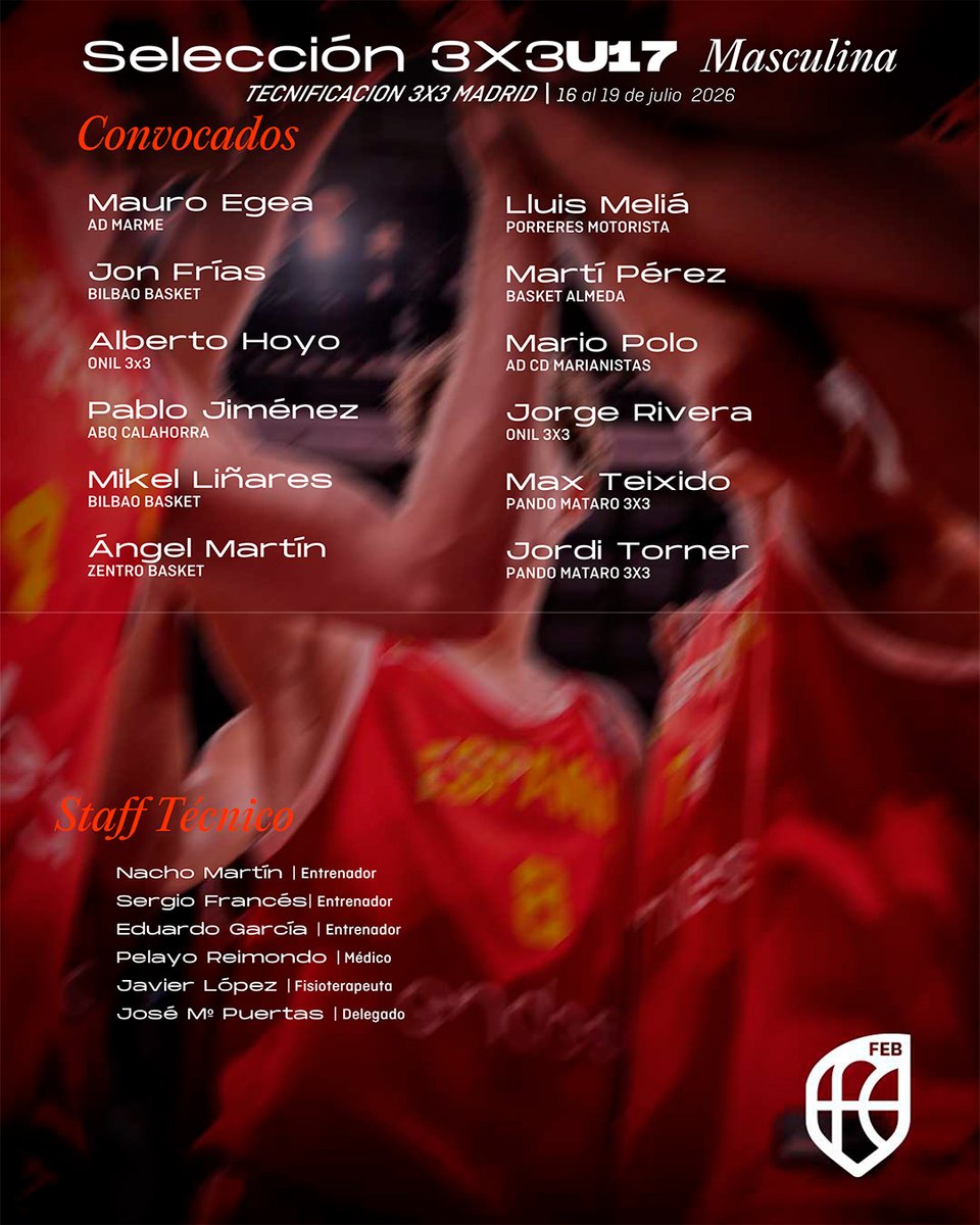 BaloncestoESP's tweet photo. 🚨 OFICIAL |  2⃣5⃣ jugadores/as de la #U17F3x3 🇪🇸 y #U17M3x3 🇪🇸 para las jornadas de tecnificación 🧑‍🏫

📆 16 al 19 de julio
📌 Madrid

#SomosEquipo https://t.co/2mCgotp9c0