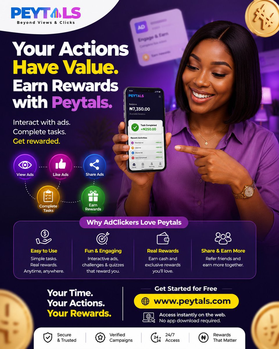 PETALSNIG's tweet photo. Your actions have value.

✅View ads.
✅Like campaigns.
✅Share content.
✅Complete simple tasks.

Get rewarded for your engagement with @Peytals.

🚀 Get Started for Free: https://t.co/9NqsgK1BRx

#Peytals #EarnOnline https://t.co/lKHh2oJqTW
