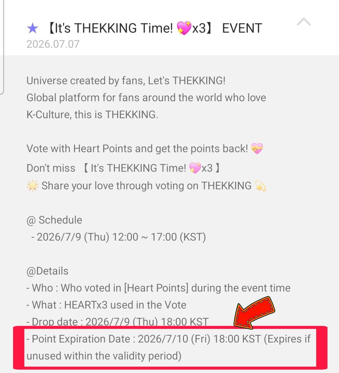 PARKJIMINJAPAN's tweet photo. 📢 重要なお知らせ⚠️
HEART THEKKING TIME 付与ポイント消滅

HEART THEKKING TIMEで使用したハートポイントの3倍報酬が本日18:00に付与されました。

⚠️ 付与されたポイントは7/10(金) 18:00(KST)まで使用しない場合、自動的に消滅します。

🚨 消滅前に必ず 【10月誕生日投票】のジミンにすべて使用してください‼️

迅速な拡散のため、引用 & RTをお願いします🙇‍♀️