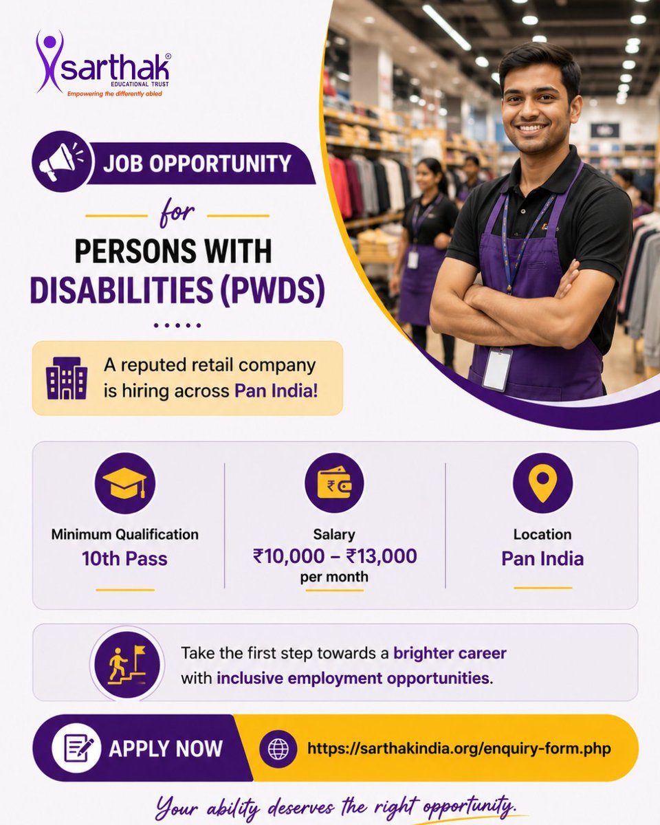 SarthakEducati2's tweet photo. Job Opportunity for Persons with Disabilitie
A reputed retail company is hiring across Pan India!
Minimum: 10th Pass
πΌ Salary: βΉ10,000 β βΉ13,000 per month
π Location: Pan India
π© Apply Now: https://t.co/Ate7PhM3EF
88715-45195 | 88188-27735 |
@deafjob
#JobsForPwDs https://t.co/fc4IQqrNXU