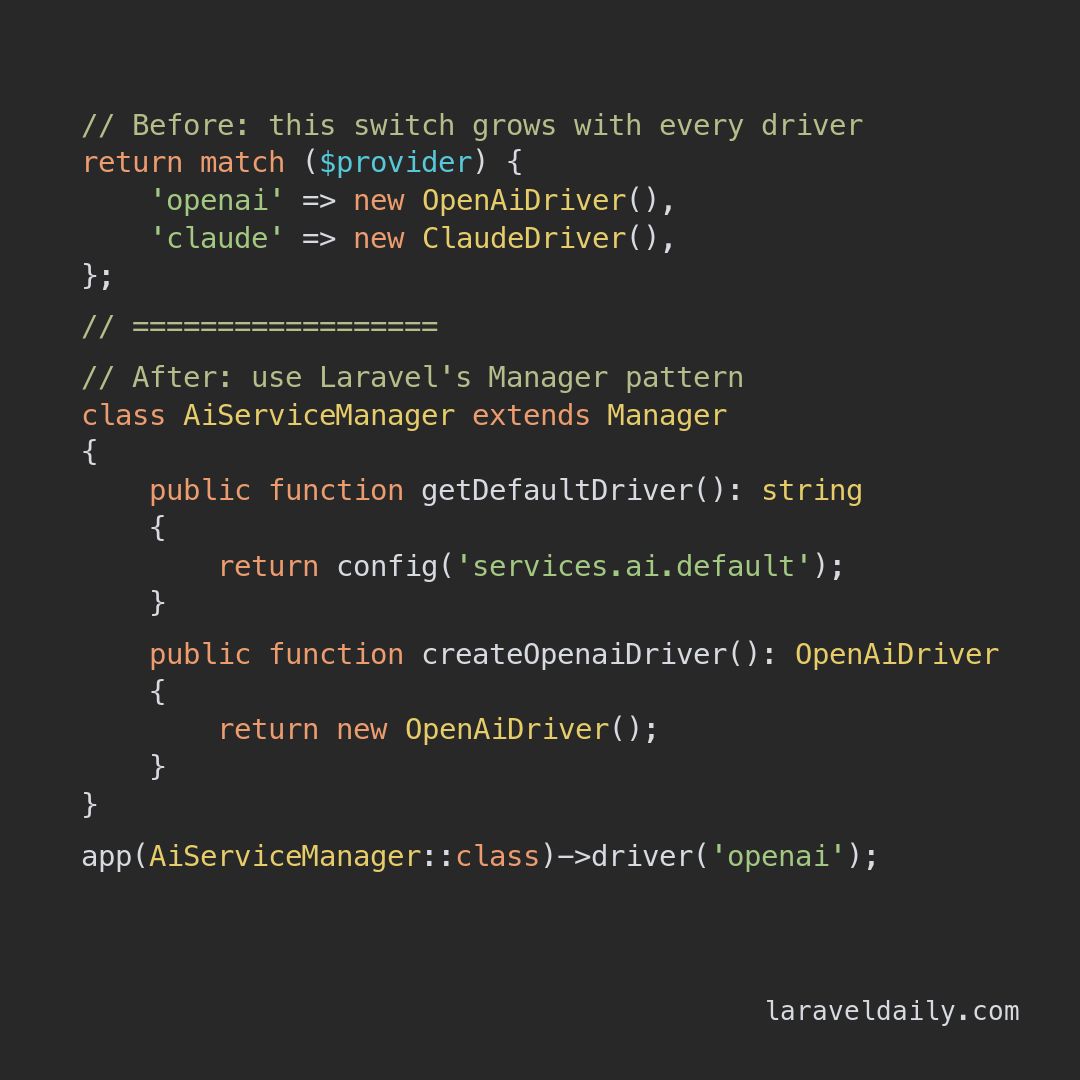 PovilasKorop's tweet photo. Laravel tip.

When your service needs interchangeable drivers, extend Laravel's `Manager` instead of maintaining a growing switch. Each `createXxxDriver()` method is resolved by name, while `getDefaultDriver()` keeps the default implementation configurable. https://t.co/PquVEWg6AA