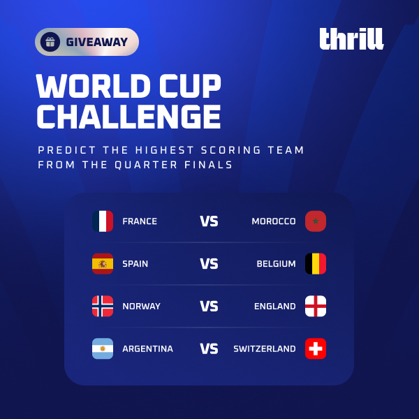 Thrill_com's tweet photo. 🏆 World Cup Challenge #29: Goal Rush ⚽

You called it! To kick off the Quarter-finals, we're turning things up with 25 winners!

🎯 Which team will score the most goals in the Quarter-finals?

🎁 $10 × 25 random winners with the correct prediction!

💬 Drop your answer + your Thrill username below.

⏰ Entries close today at 20:00 UTC.

✨ Results are based on official FIFA results. Penalty shootouts do not count.

#WorldCup2026