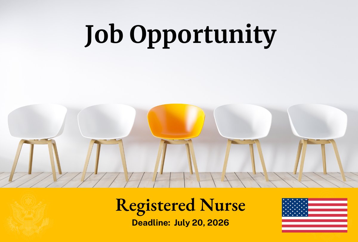 USEmbZim's tweet photo. The U.S. Embassy in Harare Health Unit is seeking eligible and qualified applicants for the position of Registered Nurse - FSN 9.

For the full vacancy information please visit: https://t.co/doDpwF5OVr

DEADLINE:  July 20, 2026 https://t.co/47VFECz8xl