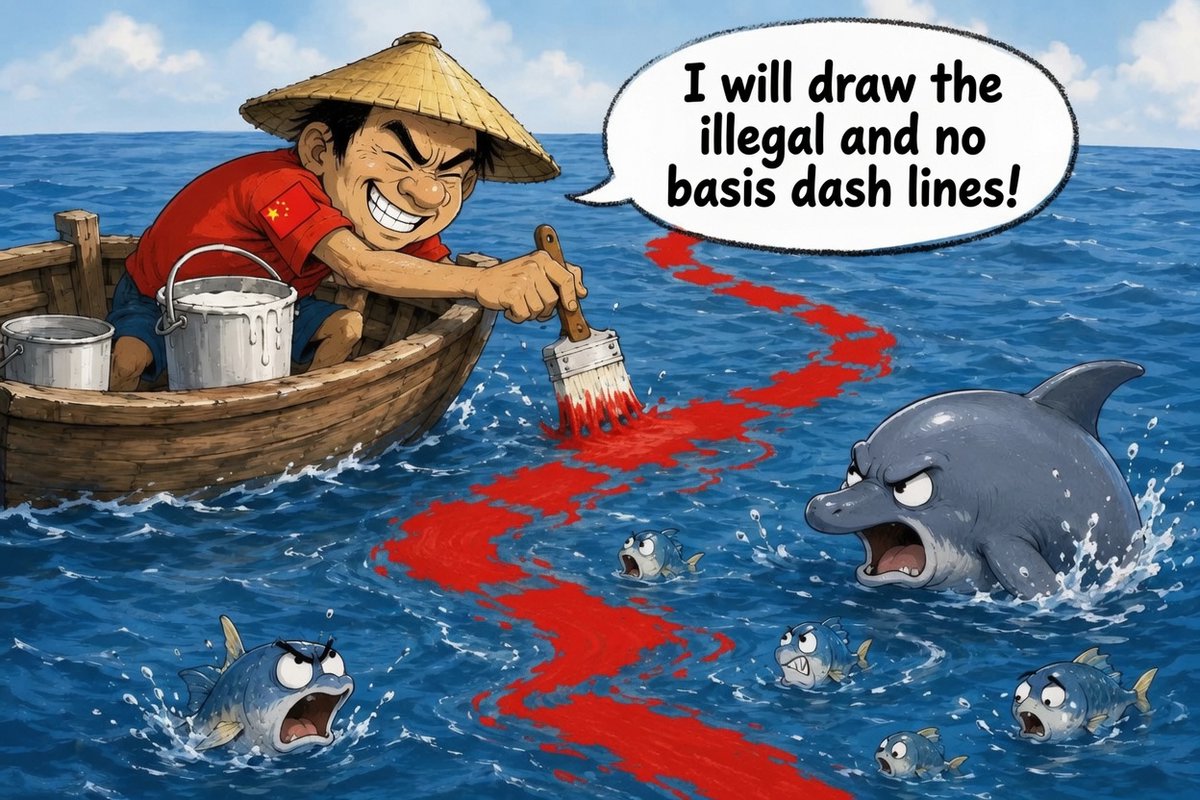 jaytaryela's tweet photo. These illegal dash lines across the South China Sea were drawn by the Chinese Communist Party, not by artists https://t.co/Fk1uAIH1bE