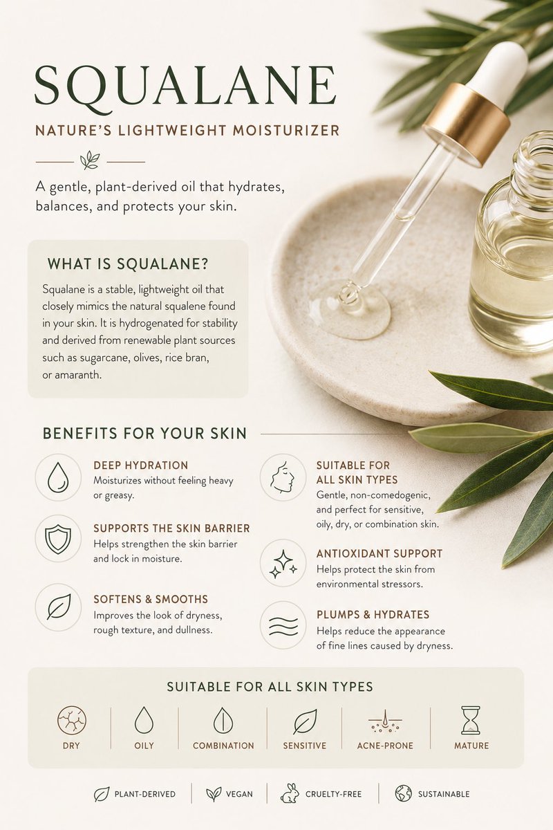 RolaEssence's tweet photo. ✨ Squalane is one of skincare’s quiet heroes. This lightweight, plant-derived oil helps support your skin’s moisture barrier, locks in hydration, and leaves skin feeling soft without a greasy finish. Gentle for most skin types. 🌿 #Squalane #CleanBeauty #NaturalSkincare https://t.co/RzwrzwQDsT
