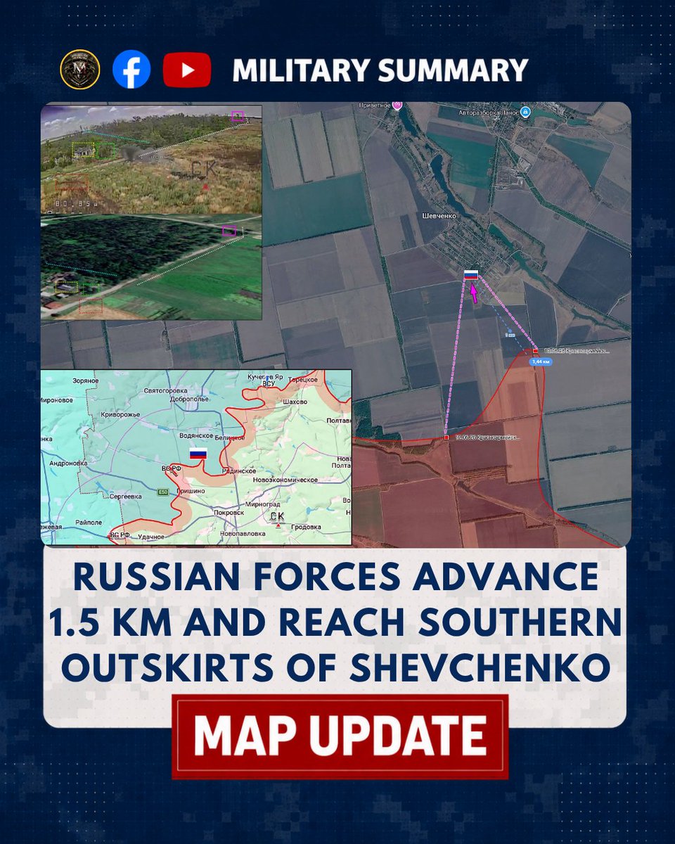 MilitarySummary's tweet photo. 09.07.26 Krasnoarmeysk – Shevchenko

Positional combat operations continue in the Krasnoarmeysk area.

A forward position of the Russian Armed Forces near Shevchenko was shelled by Ukrainian forces. Russian forces reportedly advanced up to 1.5 km and reached the southern outskirts of the settlement.

📌Coordinates: 
48.379076, 37.108826