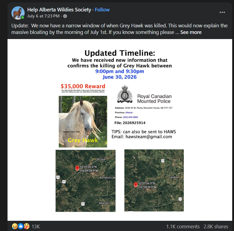 newjeanschain's tweet photo. There's a HUGE story in Canada that's happening about this Wild horse that suddenly died out of no where

The police has set a reward for $35,000 to find out what happened to Grey Hawk

and the story is massive and super viral and all over the news.

facebooks search:
https://t.co/mdYtK9STB5
https://t.co/RjzZkAEsqK