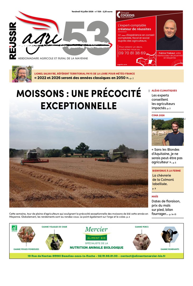 Agri_53's tweet photo. Demain dans Agri53 : la précocité exceptionnelle des moissons ; les conseils d'experts pour les agris impactés par les événements climatiques ⛈️ et la géomyze ; le portrait d'un éleveur passionné de Blonde d'Aquitaine ; une double page sur le maïs🌽: floraison, bilan fourrager... https://t.co/f849mscXLN