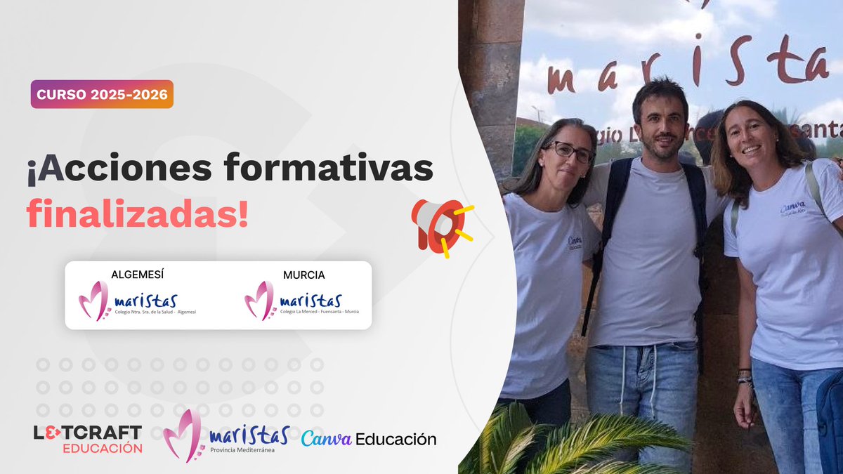 L3TCRAFT_EDU's tweet photo. 🚀 Formación finalizada junto a @MaristasMedit. Docentes de @maristaalgemesi  y @MurciaMaristas han trabajado @CanvaEdu  y Canva IA en acciones de 10h y 4h.

⭐ Valoración media: 9,6/10

#CanvaEducación #LetcraftEducación https://t.co/bydN192cRz