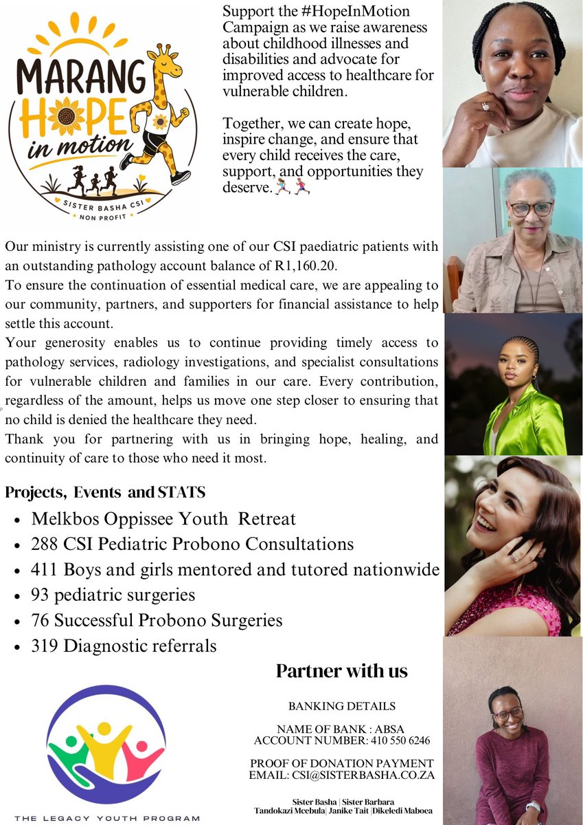 MrsBashaT's tweet photo. Since the beginning of 2026, @SisterBashaCSI has continued to make a meaningful impact in the lives of children and families across South Africa.

2026 Impact Highlights:
• Melkbos Oppisêe Youth Retreat hosted
• 288 CSI Paediatric Pro Bono Consultations
• 411 boys and girls mentored and tutored nationwide
• 93 paediatric surgeries facilitated
• 76 successful pro bono surgeries completed
• 319 diagnostic referrals coordinated

Together, we continue to bring hope, healing, and opportunity to children living with illnesses and disabilities through healthcare access, mentorship, and advocacy.