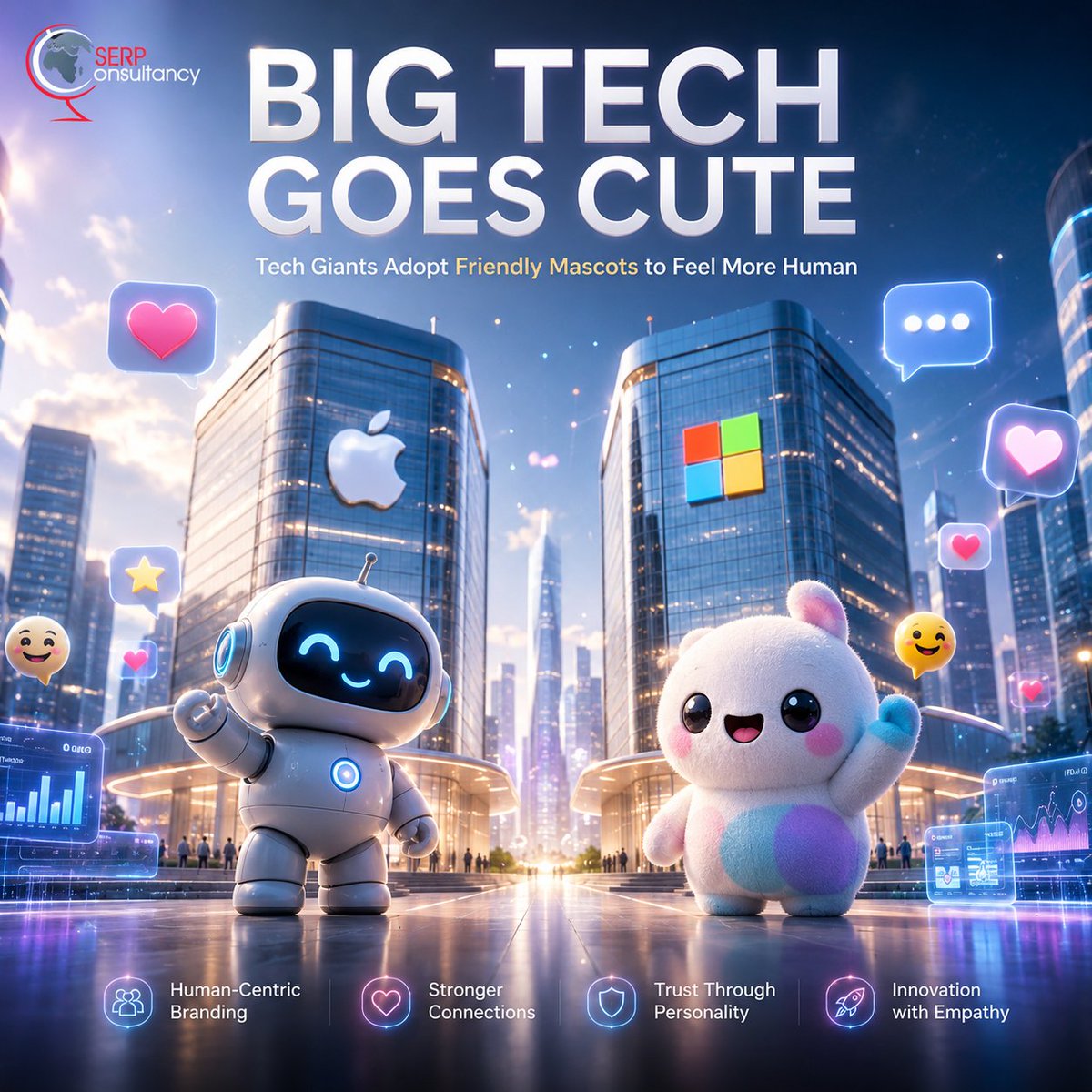 serpconsultancy's tweet photo. 🧸 Big Tech Goes Cute! Some of the world’s most powerful brands are softening their image. Tech giants like Microsoft and Apple are leading a wave of companies introducing adorable cartoon character mascots to seem more human, friendly, and approachable. https://t.co/Zeb1moGJHS