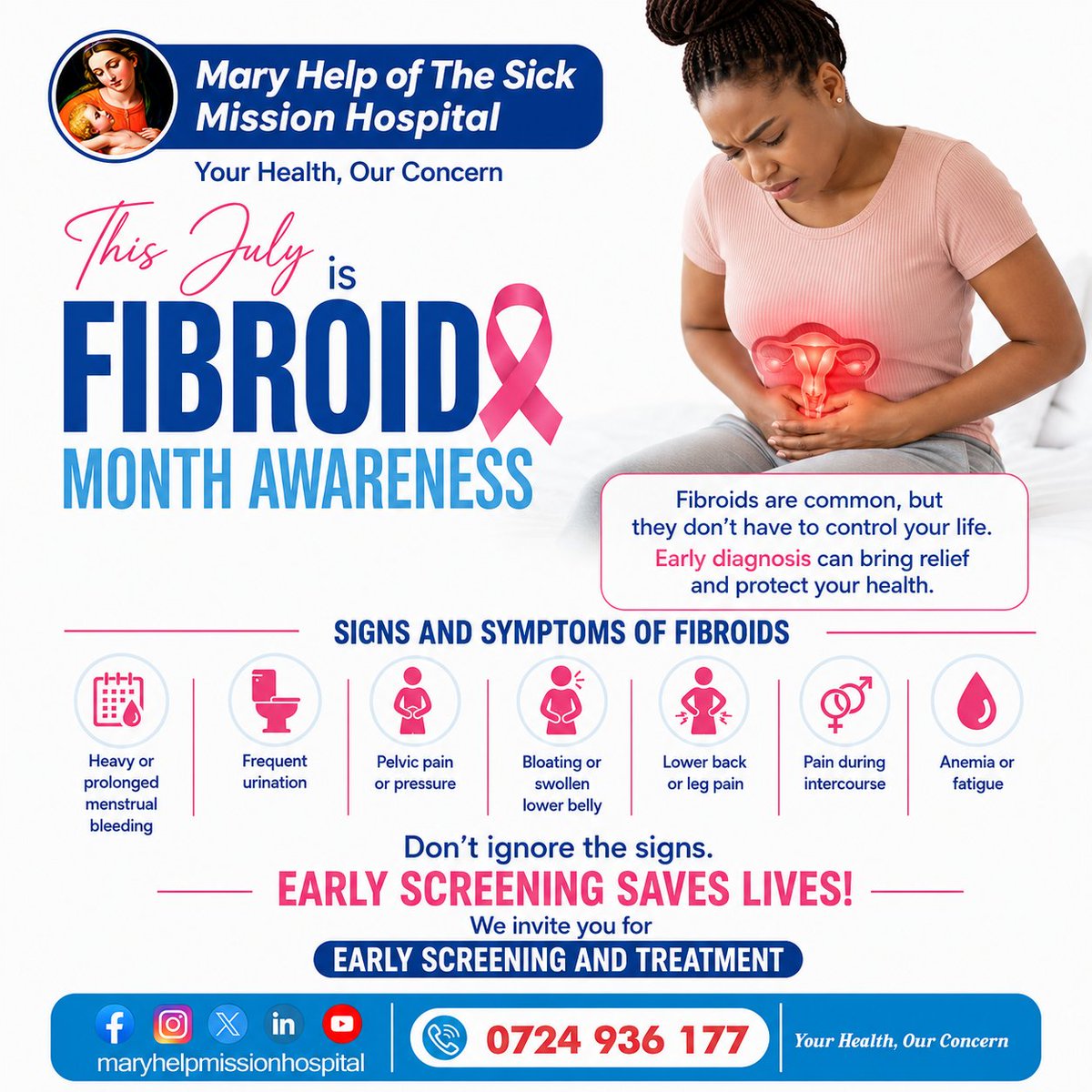 MaryHelpMission's tweet photo. Ladies, listen to your body...
Heavy periods? Pelvic pain? #Fibroids could be the reason...
Don't let fibroids control your life. Safe, minimally invasive treatment is now available.
With Advanced 3D #Laparoscopic Surgery:
✔ No big cuts
✔ Less pain
✔ Faster recovery https://t.co/KHMHHHYhav