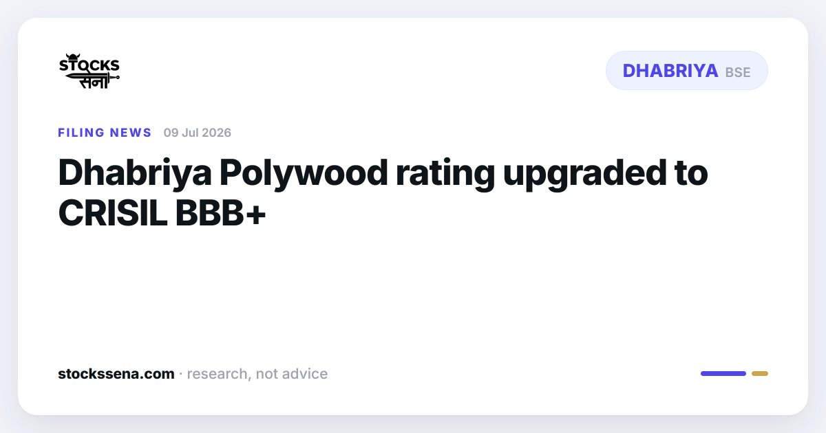 stocks_sena's tweet photo. Dhabriya Polywood Ltd upgraded its credit rating to Crisil BBB+/Stable from BBB/Stable.
https://t.co/logBygHZdZ

#Nifty #StockMarket https://t.co/Nw2NxL5oxA
