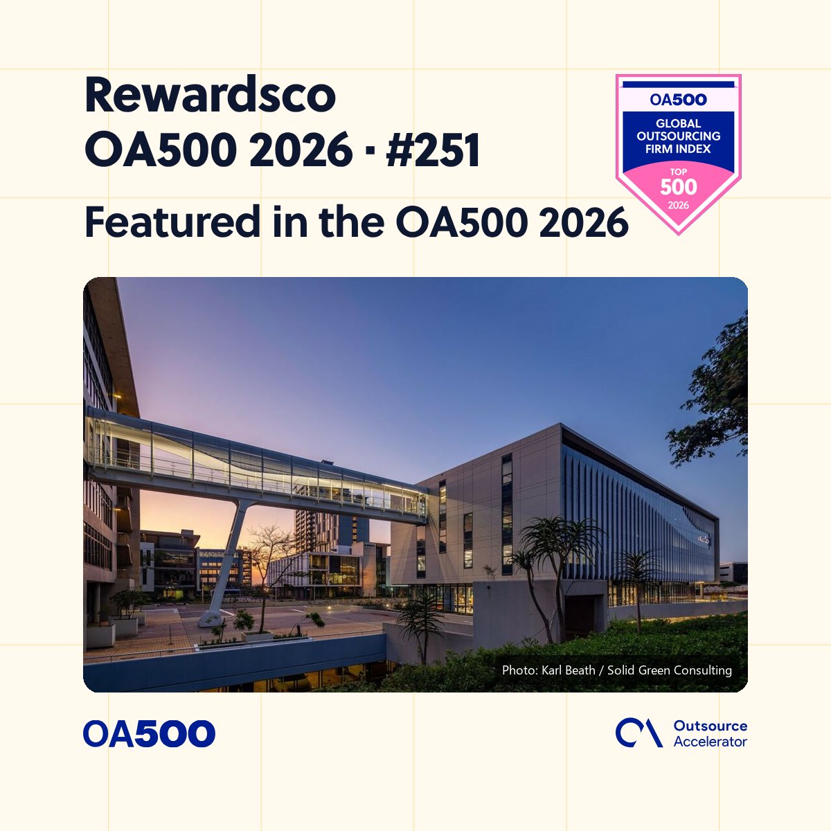 outsourceaccel's tweet photo. Congrats to @rewardscosales — ranked #251 in the OA500 2026.

Total Footprint × QA Score: 198 · Top 500.

Full 2026 index → https://t.co/zJlGJosxT6

#OA500 #Rewardsco https://t.co/Get6cT31ml