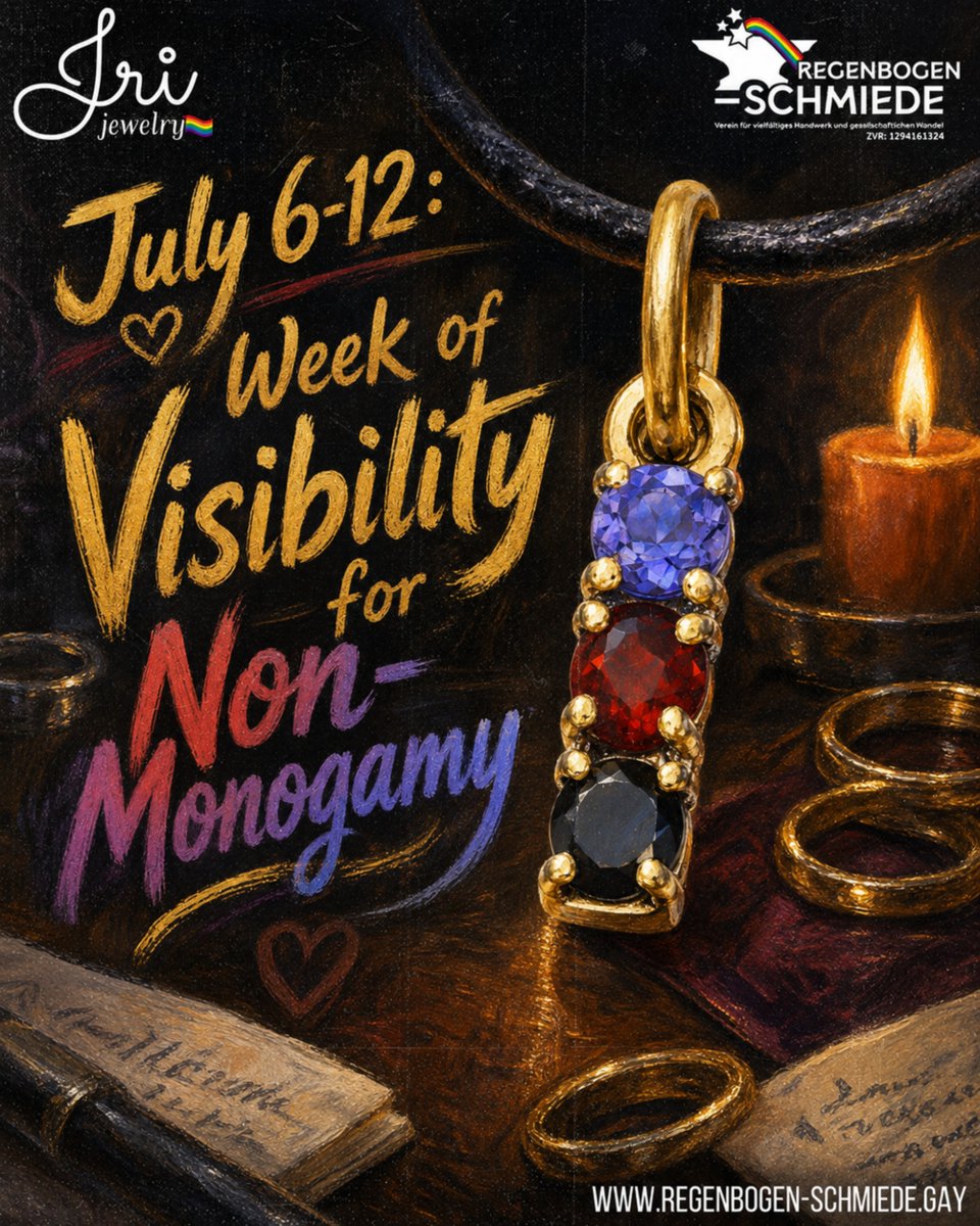 RegenbogenSchmi's tweet photo. From July 6–12, we’re celebrating #WeekOfVisibility for #NonMonogamy with #IriJewelry and #RegenbogenSchmiede, shining a little spotlight on #EthicalNonMonogamy, #Polyamory, #QueerVisibility and all the beautiful ways #LGBTQIA people love, connect, and refuse to be boring. https://t.co/z3VxN4PYLe