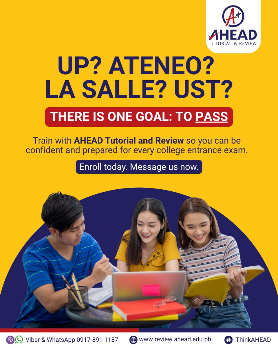 ahead_review's tweet photo. Overthinking about college entrance tests season?
At AHEAD Tutorial and Review, we can help you prepare effectively and give yourself the best chance of success through our comprehensive review programs.
Visit us at https://t.co/uMifOrL7Po
#AHEAD #AHEADTutorial #ThinkAHEAD https://t.co/5dSGHNSt7S