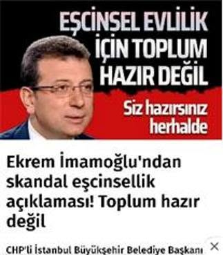ToptancCem69915's tweet photo. TARİH; 27 Haziran 2019; Gazeteci soruyor, Eşcinsel evlilikleri onaylıyor musunuz?
Ekrem İMAMOĞLU; “Ben özgürlüklere saygı duyan, özgürlüklere dair toplum içindeki insanların kendi yaşamlarıyla ilgili süreçlerine destek olmaya çalışan bir yapım var. Görevim de bunu gerektiriyor. Tabii ki eşcinsel vatandaşlarımızın da yaşam kalitelerini ya da yaşam ile ilgili özgürlüklerini korumakla ilgili sorumluluğumuz var.” 😡
Diyordu.
KAYNAK: https://t.co/viQCUlV7Uk