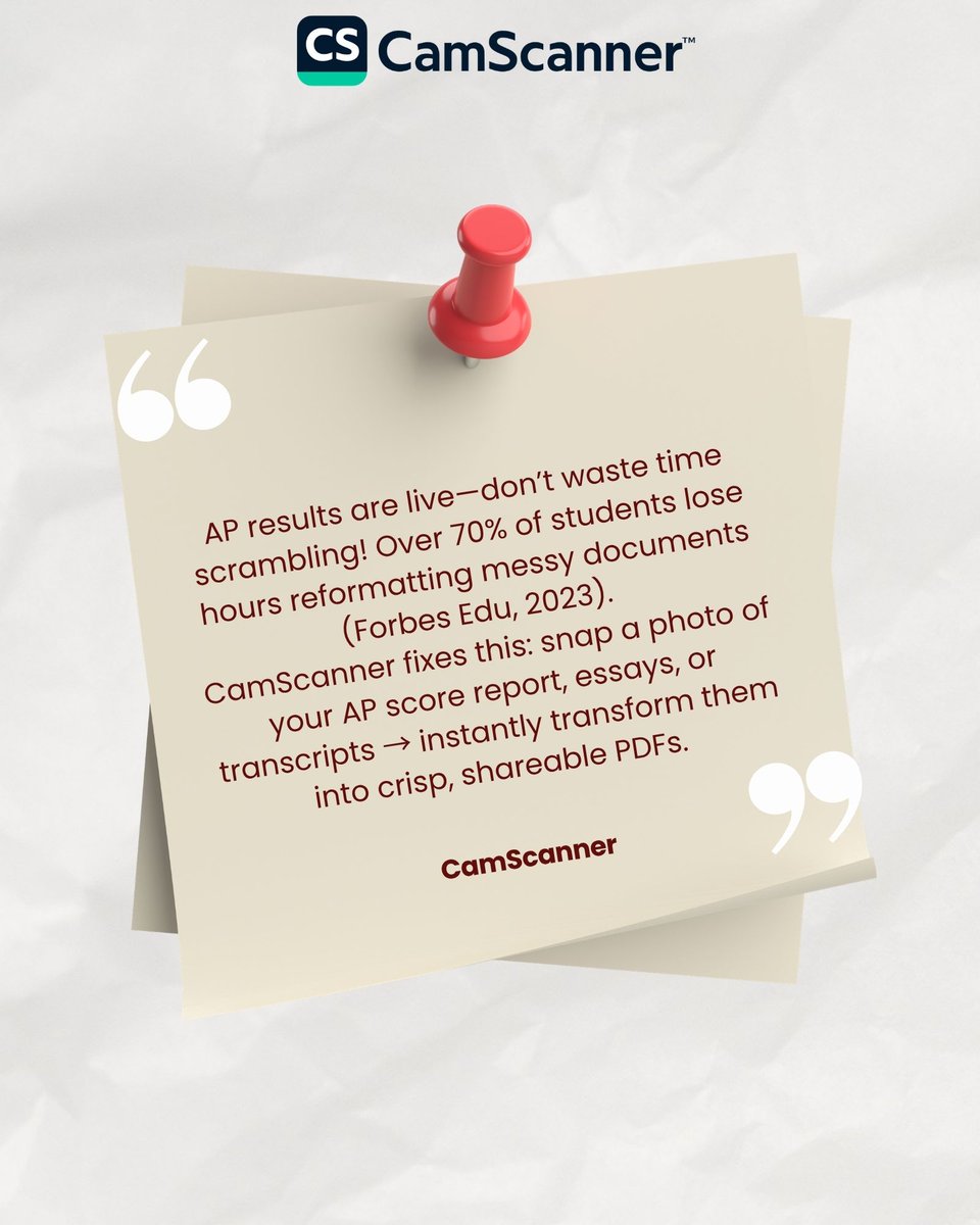 CamScanner's tweet photo. AP Scores In? Scan &amp; Sort Now!
1️⃣ Snap &amp; Merge: CamScanner → stitch AP/SAT scores into ONE sleek PDF
2️⃣ OCR Magic: Extract text from handwritten notes → paste directly into essays. 
3️⃣ Pro Move: Tag files as #EarlyDecision→ auto-sync to Google Drive.

#CamScanner #ScanApp https://t.co/IeWwYtpFGs