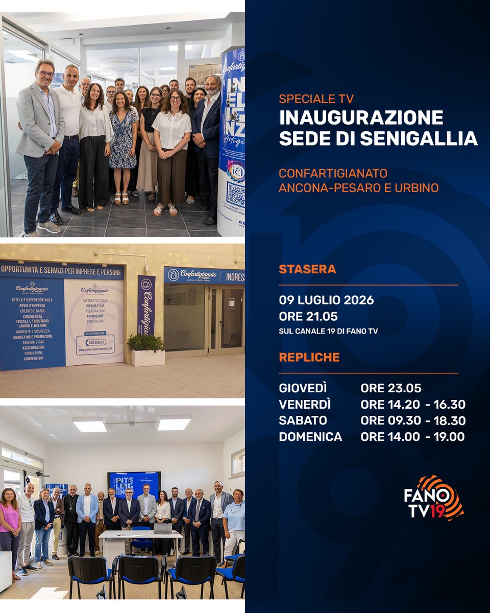 fanotv's tweet photo. 📺 Questa sera, giovedì 9 luglio, trasmetteremo uno speciale dedicato all'inaugurazione della nuova sede di Confartigianato Ancona-Pesaro e Urbino a Senigallia.
Appuntamento sul canale 19 di FanoTV, visibile in tutta la Regione Marche. #fanotv https://t.co/qPl55GeVCy