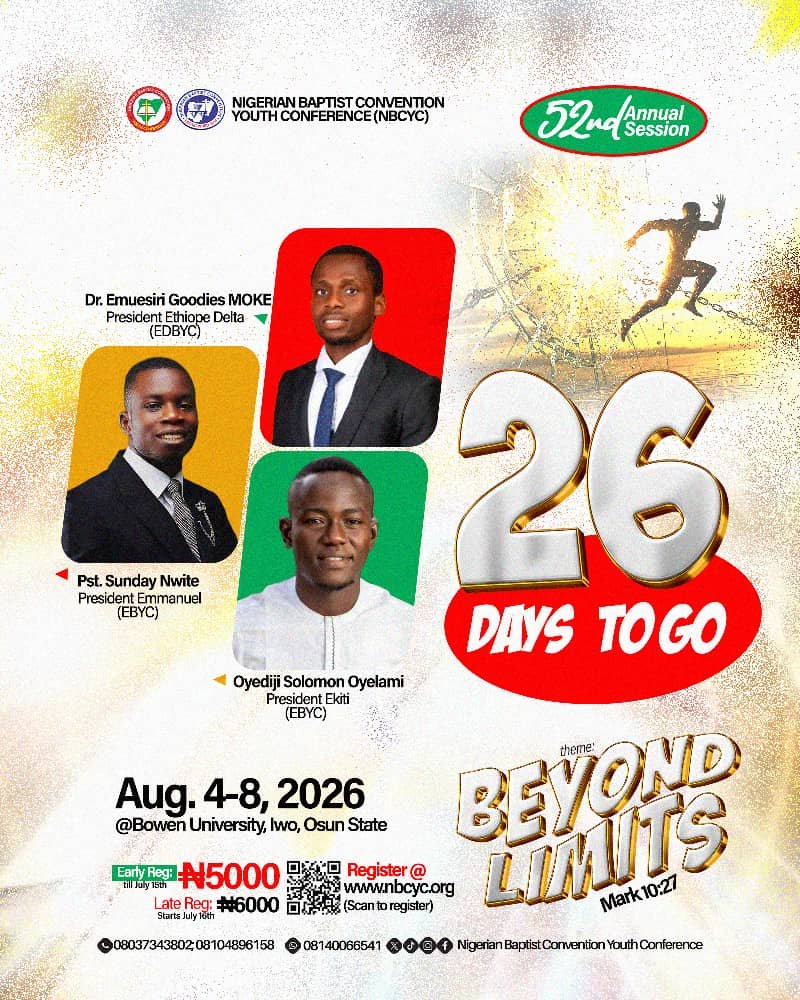 nbcyc_official's tweet photo. https://t.co/9IXoNKYba0
26 Days to Go! 🔥
#NBCYC2026 #BeyondLimits #Mark1027 #YouthConference #CountdownToNBCYC #52ndAnnualSession https://t.co/hqJVq2swV9