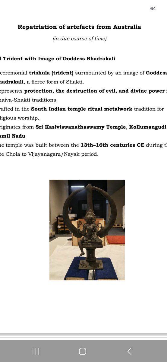 amitabhnews18's tweet photo. Repatriation of Indian #Artefacts from Australia. Most important being the metal Trident with Image of Goddess Bhadrakali that originates from Sri Kasiviswanathaswamy Temple, TN
built between 13th–16th centuries. PM @narendramodi's #Australia visit strengthening multifaceted ties between India & Australia.