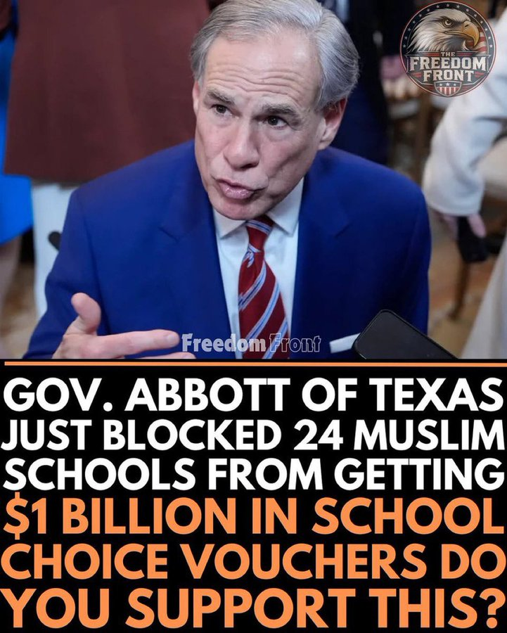 Anna23336wj's tweet photo. Texas Governor Abbott has just blocked 24 Muslim schools from receiving $1 billion in school choice vouchers. Do you support this decision? 👇

A. Yes  B. No https://t.co/LG2tjYHl55