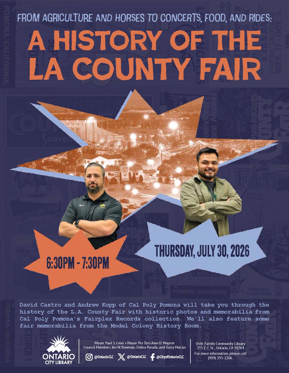 CPPSpecColl's tweet photo. 📅 Mark your calendars! On Thursday, July 30, join Cal Poly Pomona Special Collections &amp; Archives at the Ontario City Library for a free talk on the history of the Los Angeles County Fair. First come, first served. 📍 Ovitt Family Community Library, Ontario, CA https://t.co/nvNFng09ib