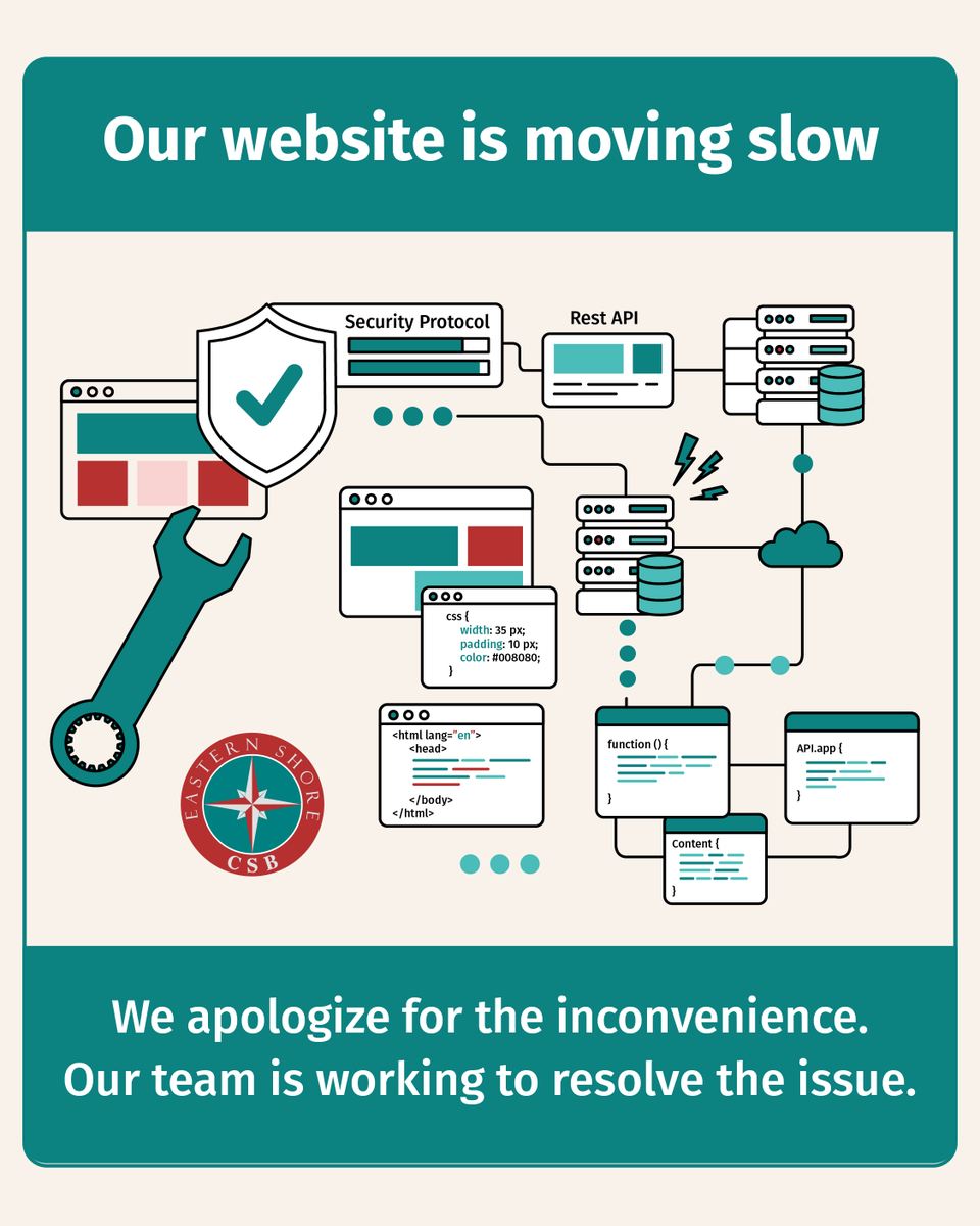 EasternShoreCSB's tweet photo. Heads up: our website is loading slowly right now due to a technical issue with a plugin on our site. Our team is working on a fix. Thanks for your patience! https://t.co/UTgWPPfku9