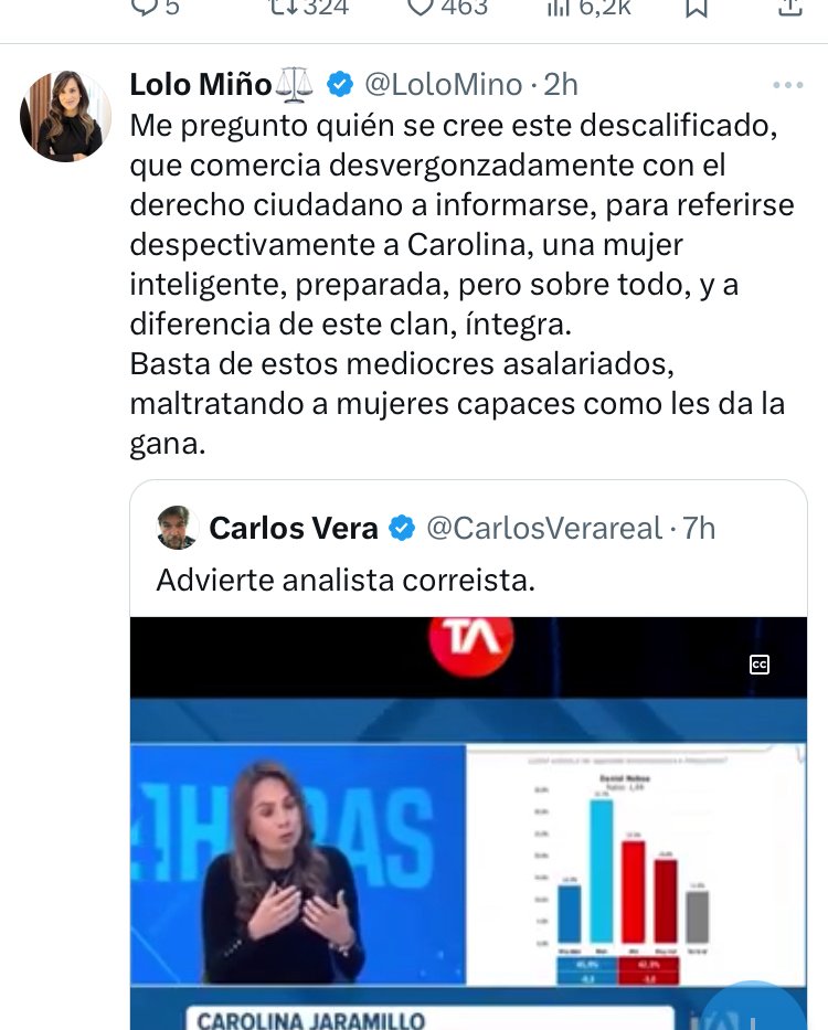 Polificcion's tweet photo. Ataques que jamás fueron provocados 2:
- Los Vera perseguiodres de defendores de DDHH
- Me acusas de "disonancia cognitiva",  "vivir de los huesos" que Lasso me "lanza". Solo porque dije que GL era un "demócrata". 
- A CV lo llamas "descalificado", "comerciante" del derecho a informarse. Me metes a mí por que sí cuando hablas de "un clan" que no es íntegro. Sentencias: "mediocres asalariados" que maltratan mujeres. 
- Promueves con tu RT después los ataques de Joffre Campaña y de Alexis Moncayo (de paso: ofendida después si alguien te llama correista).