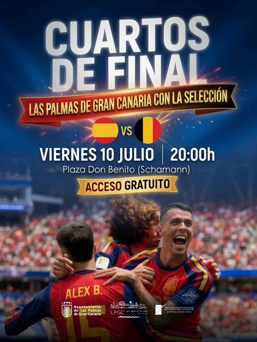 imd_lpgc's tweet photo. ⚽🇪🇸 Este viernes el plan está clarísimo: nos vemos en la Plaza Don Benito para animar juntos a la Selección.

🕗 A las 20:00 h, España busca el pase a semifinales ante Bélgica en el Mundial 2026. Te esperamos con pantalla gigante, acceso gratuito y un ambientazo❤️💛. https://t.co/bTfRHOff39