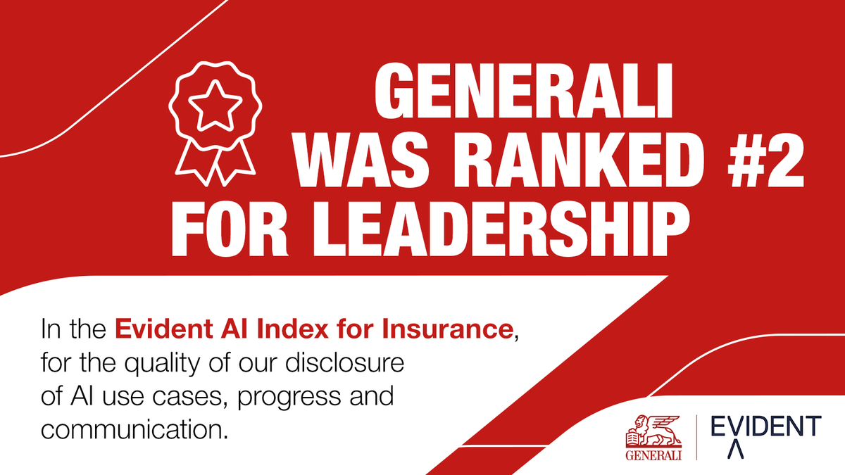 GENERALI's tweet photo. We're proud that Evident's AI Index 2026 for insurance ranks Generali #2 in the Leadership category, recognising our transparency in AI use cases.

Through AI & Data-Driven Excellence, one of the core enablers of our #LifetimePartner27 strategy, we aim to enhance experiences, boost productivity, and strengthen technical expertise across the Group.

#DrivingExcellence