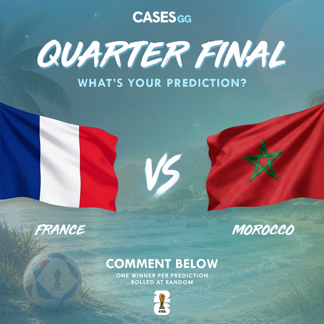 casesdotgg's tweet photo. 🇫🇷 France vs Morocco 🇲🇦

One random person who predicts the winner will win $25!

Follow, Retweet &amp; Comment your prediction to enter! 💸 https://t.co/pWgnb8af0w
