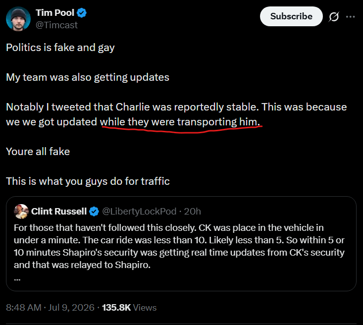 YankeeIrishman's tweet photo. @RealCandaceO 🚨HOLD ON🚨

So Tim Pool was also receiving updates from Charlie's security from the car while Charlie was bleeding out? https://t.co/hjbYtdTpBu