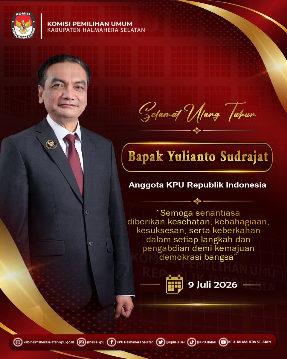 KpuHalsel's tweet photo. #TemanPemilih, Keluarga Besar KPU Kabupaten Halmahera Selatan mengucapkan: Selamat Ulang Tahun kepada Bapak Yulianto Sudrajat Anggota KPU Republik Indonesia

#KPUMelayani
#KPUHALSEL
#KPURI https://t.co/9Gt2ZXTr09