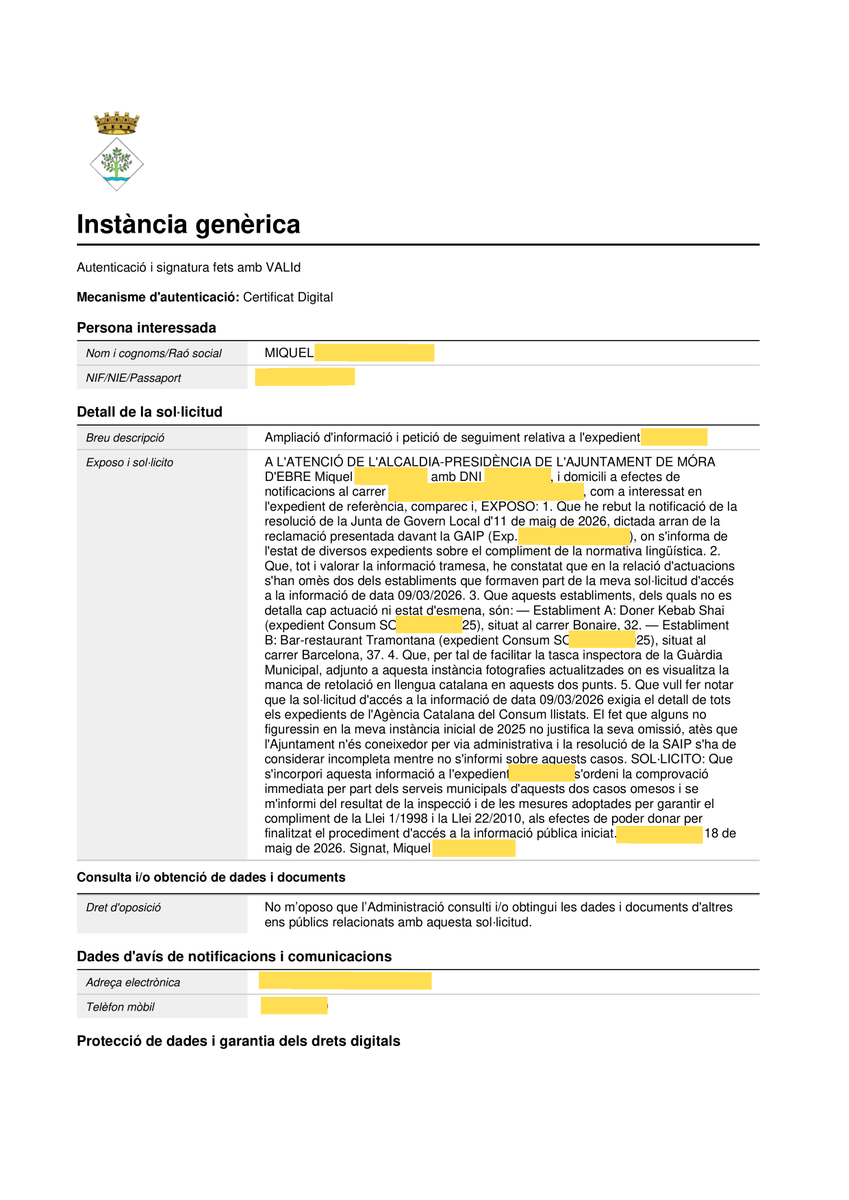 miqu3lm0la's tweet photo. 🧵 1/3 - Al juny, l'Ajuntament de Móra d'Ebre (@Ajmoradebre) em va admetre per escrit que havia fet un "requeriment" a dos negocis que fa més d'un any que retolen només en castellà (entre ells el Kebab Shai). 👇 https://t.co/piTm9lWmzk