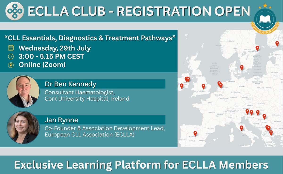 ECLLAorg's tweet photo. 📢 We are pleased to launch the ECLLA Club 2026 &amp; invite all ECLLA members to join our first session: CLL Essentials, Diagnostics &amp; Treatment Pathways
🗓 29 July 2026
🕒 3:00–5:15 PM CEST
💻 Online via Zoom
Read more and register here: https://t.co/65d5aIp0Uf
#ECLLAclub #CLL https://t.co/yx30YQVjG7