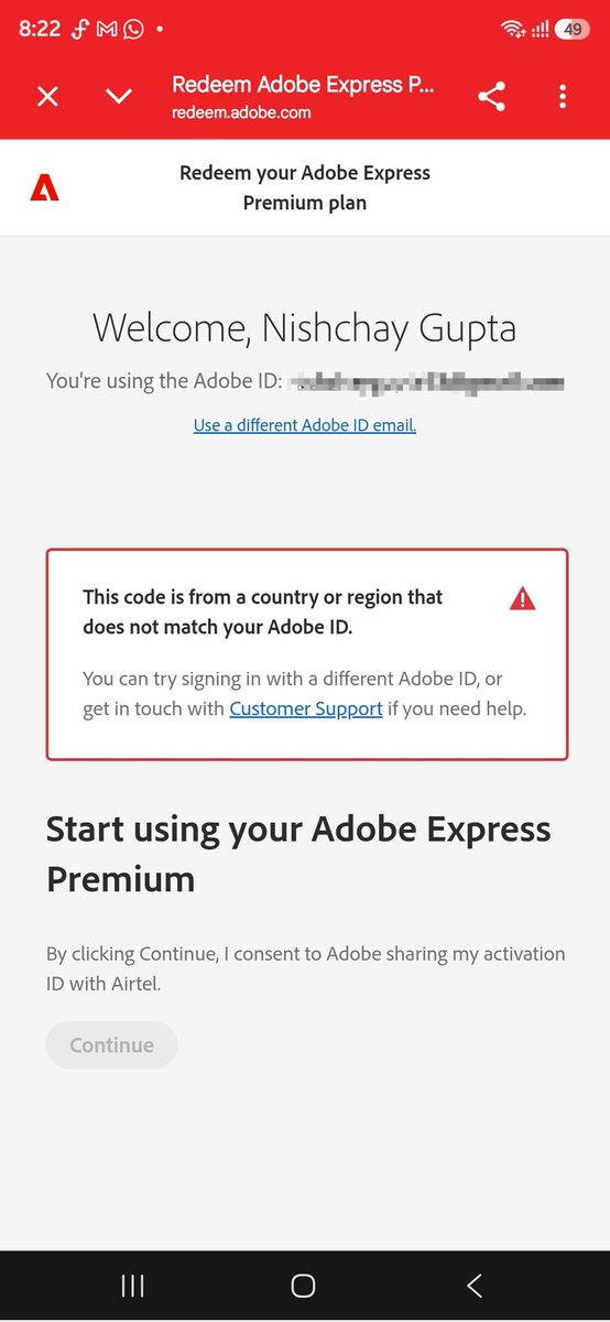 NishchayGupta9's tweet photo. @Airtel_Presence am not able to redeem my Adobe membership. Since, it's giving the following error. Please help. https://t.co/XyxgrrQFjP