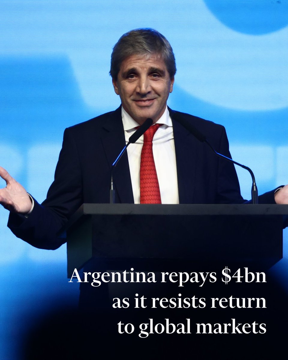 FT's tweet photo. Argentina's economy minister Luis Caputo seeks to prove that the cash-strapped country can meet its sizeable debt obligations without tapping global capital markets. https://t.co/DAYLGJM59O https://t.co/Xp8aSsvwoa