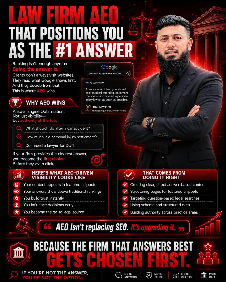 aeoexpertpro's tweet photo. Ranking isn't enough.

With AEO, your law firm becomes the answer clients see first on Google.

Own featured snippets. Build trust before the click. Win more qualified cases.

#AEO #LawFirmSEO #AttorneyMarketing #GoogleSEO #AEOEXPERTPRO https://t.co/Z9xph7EwXW
