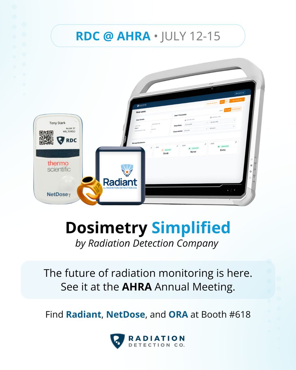 Radetco1949's tweet photo. Heading to #AHRA2026 next week? So are we!

Join Radiation Detection Company at the #AHRA Annual Meeting to connect with our team, learn about the latest developments in radiation safety, and get an exclusive first look at what's next in real-time dosimetry.

@ahraonline https://t.co/WA41y3hV9t
