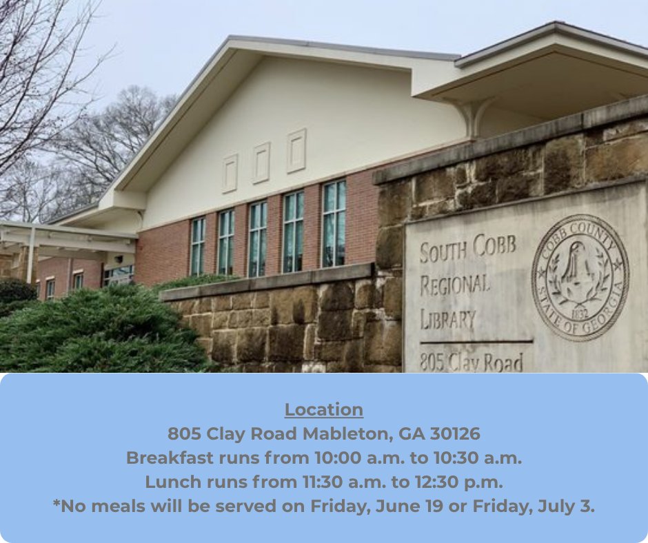 Cobb2020HIP's tweet photo. Access to healthy meals helps children stay nourished, active, and ready to learn all summer long. Children and teens can enjoy free meals at the South Cobb Regional library. https://t.co/V533ag9Imm https://t.co/y6rZqJjqS8