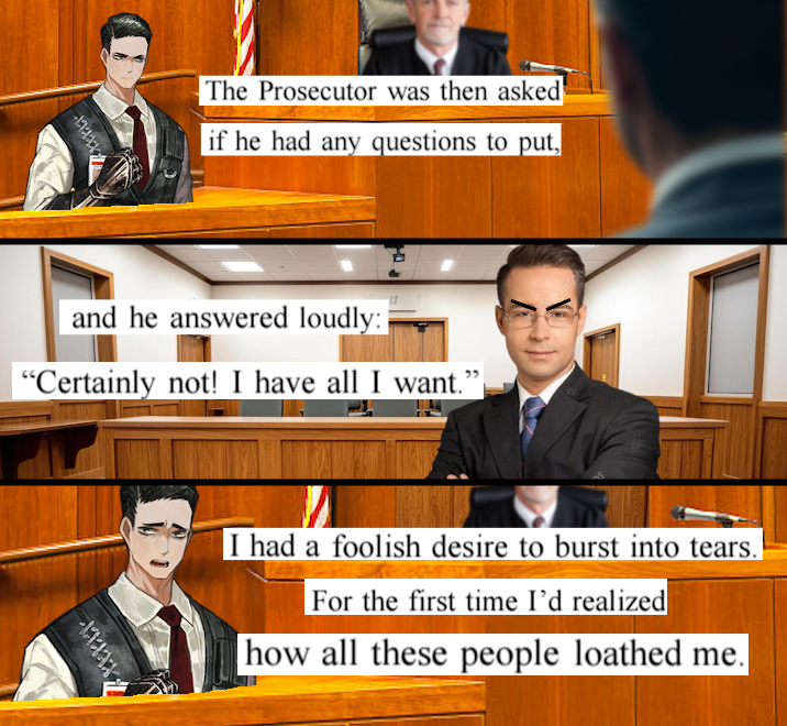 Moritzva2's tweet photo. Meursault's Trial (The Stranger by Albert Camus, colorized) https://t.co/spD87a7VUM