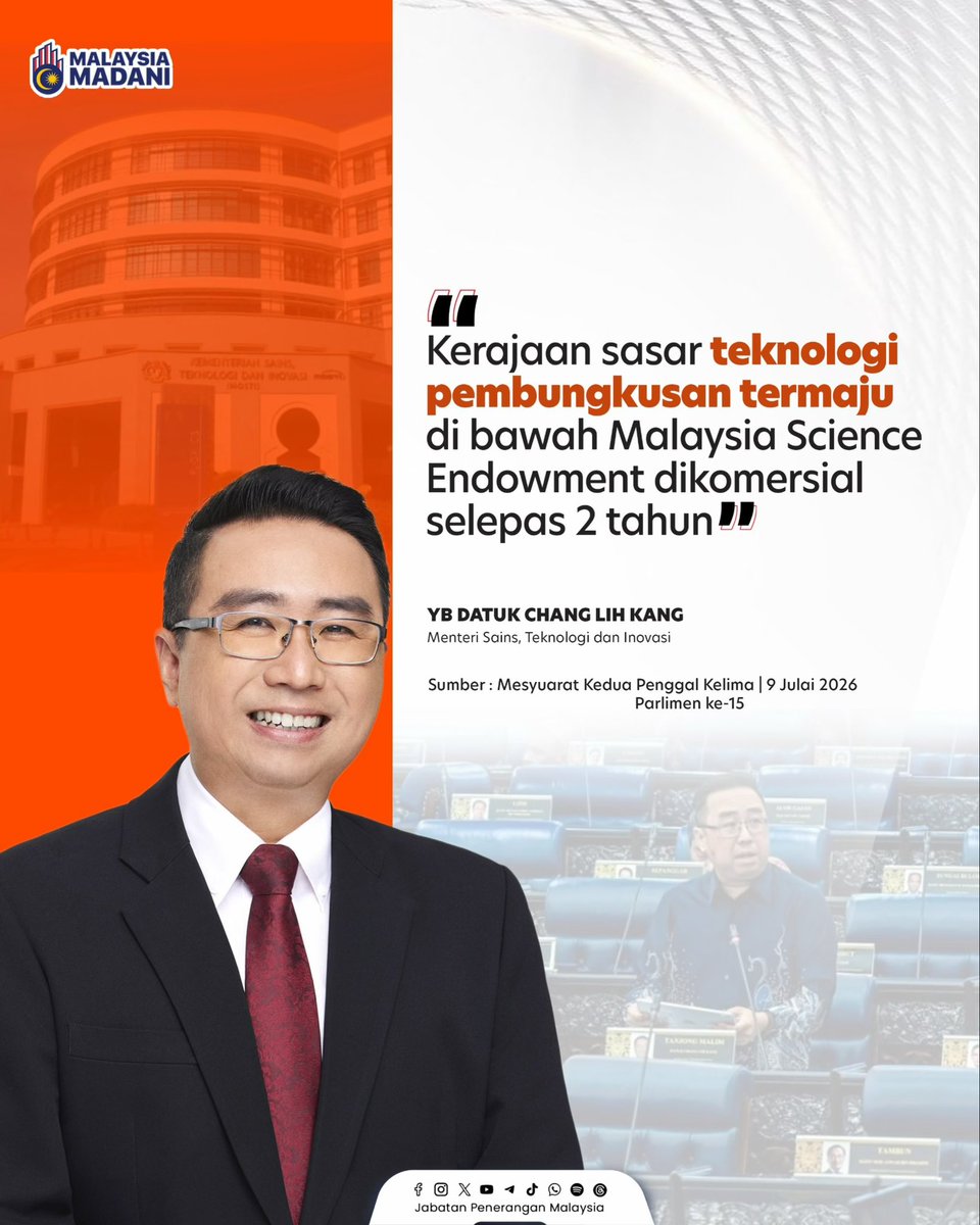 JPenerangan's tweet photo. Kerajaan menyasarkan teknologi pembungkusan termaju hasil projek R&amp;D di bawah Malaysia Science Endowment (MSE) dikomersialkan sepenuhnya dalam tempoh dua tahun bagi memperkukuh rantaian bekalan semikonduktor negara.🔬

#RancakkanMADANI
#MADANIBekerja
#TaatSetia
#JabatanPenerangan https://t.co/q6ZxnzDbev