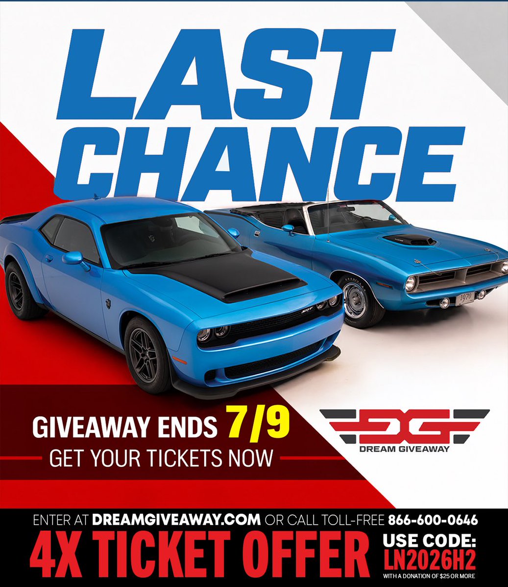 lanzoil's tweet photo. Last chance to win this 2023 Dodge Demon 170 AND the 1970 Plymouth Cuda! Ends on 7/9 so time is running out to enter! Go to https://t.co/e7akSvMp47 for 4X bonus tickets with any donation of $25 or more! Best part is your donation will benefit veterans' and children's charities! https://t.co/CHZcrFTdtd