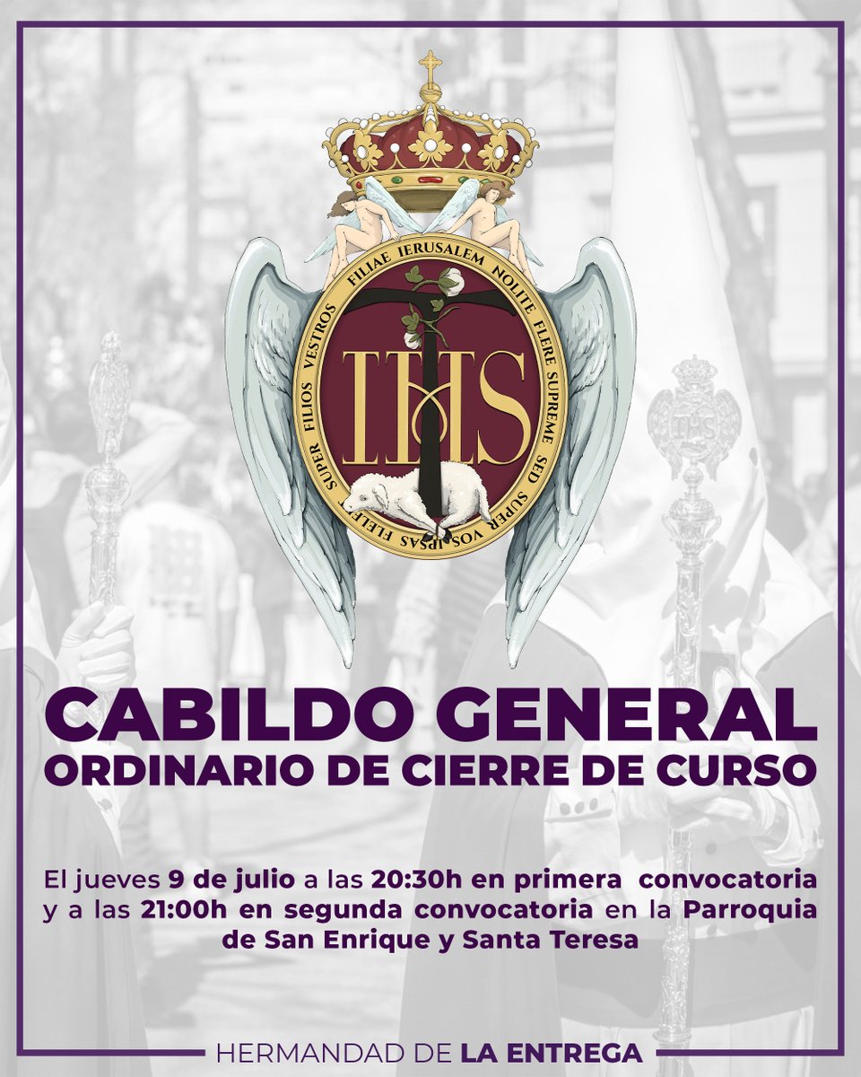 Hdad_Entrega's tweet photo. 🗓️𝗖𝗜𝗧𝗔𝗖𝗜𝗢́𝗡 - 𝗖𝗔𝗕𝗜𝗟𝗗𝗢𝗦

Recordamos que hoy, jueves 9 de julio, a las a las 20:30h en primera convocatoria y a las 21:00h en segunda convocatoria, celebraremos el Cabildo General Ordinario de Cierre de Curso en nuestra Parroquia de San Enrique y Santa Teresa. https://t.co/AICYLwJKsX
