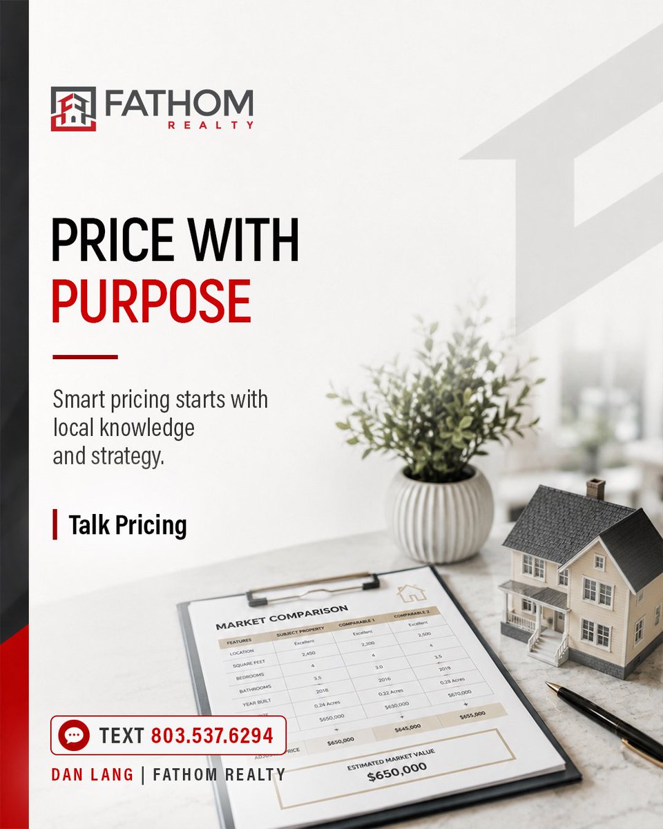 DanLangRealtor's tweet photo. Smart pricing starts with local knowledge, market context, and a clear strategy. The goal is not to guess. The goal is to understand the market, position the property well, and make informed decisions from the start.

Text Dan at 803.537.6294 to talk pricing.

#FathomRealty https://t.co/gskyIbPJVs