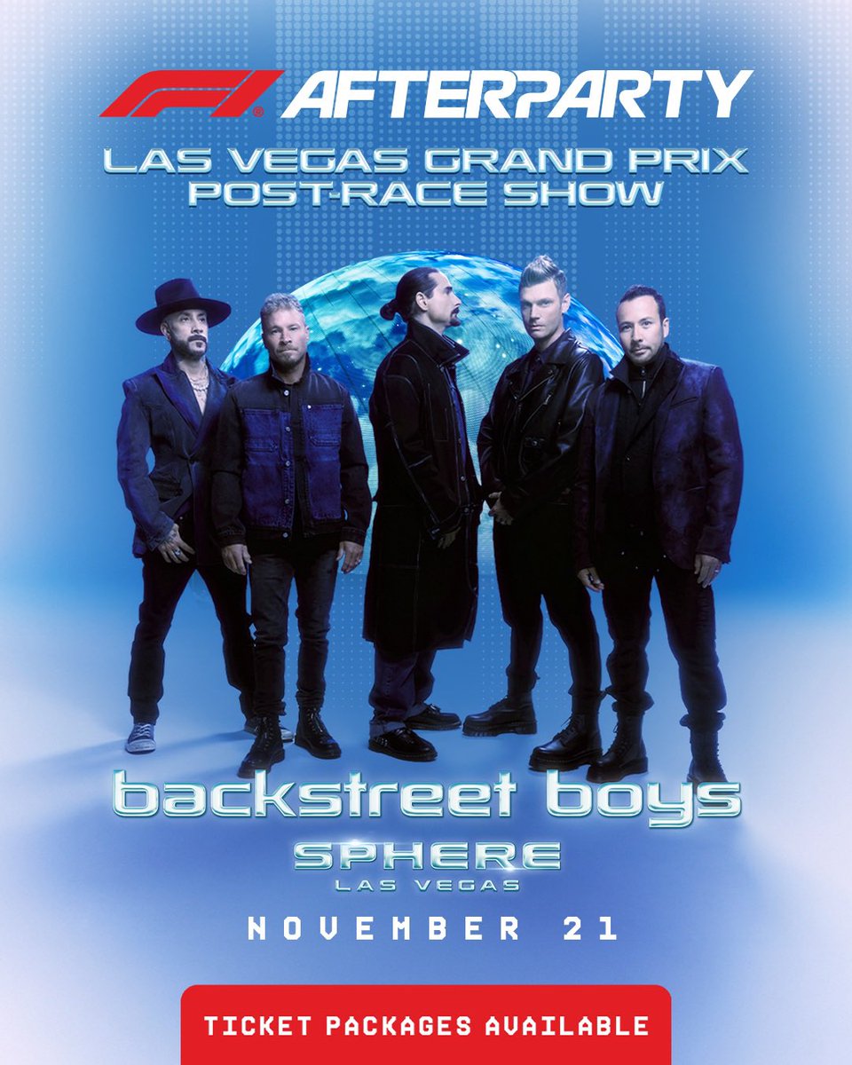 F1LasVegas's tweet photo. The first-ever F1 Afterparty at @SphereVegas featuring the @backstreetboys is coming soon. Join us for an unforgettable #LasVegasGP post-race celebration on Saturday, November 21.🎤🪩

🎟️ Ticket packages and add-on options are now available at https://t.co/ySgEoN9ypp. https://t.co/cOUU36OUTc