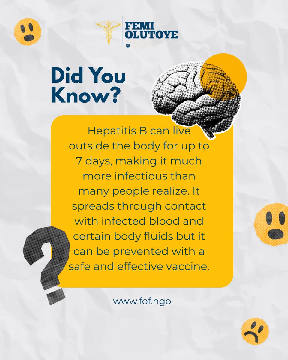 femiofoundation's tweet photo. 🦠 Did you know? Hepatitis B can survive outside the body for up to 7 days, making it highly infectious.

The good news? It’s preventable with vaccination and manageable when detected early.

✅ Get vaccinated
✅ Know your status
✅ Encourage others to get tested

Awareness saves lives. 💚

#HepatitisB #KnowYourStatus #GetVaccinated #HealthAwarenessL